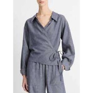 Vince Wrap Top Womens S Indigo Blue Linen Chambray Collared Italian Fabric Chic